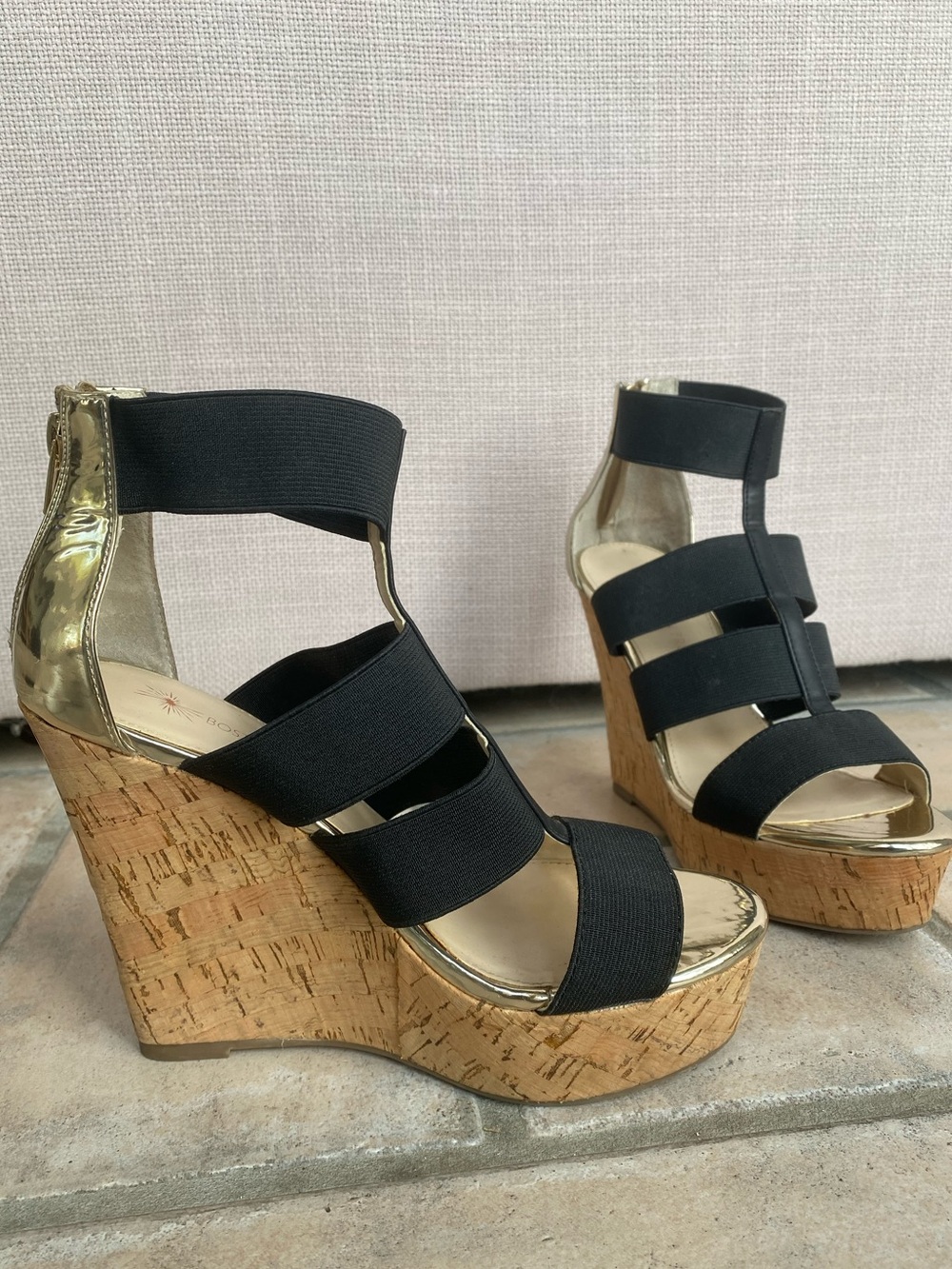 Boston Proper “Claude” Cork Platform Wedge Heels – Black & Gold – Size 7
